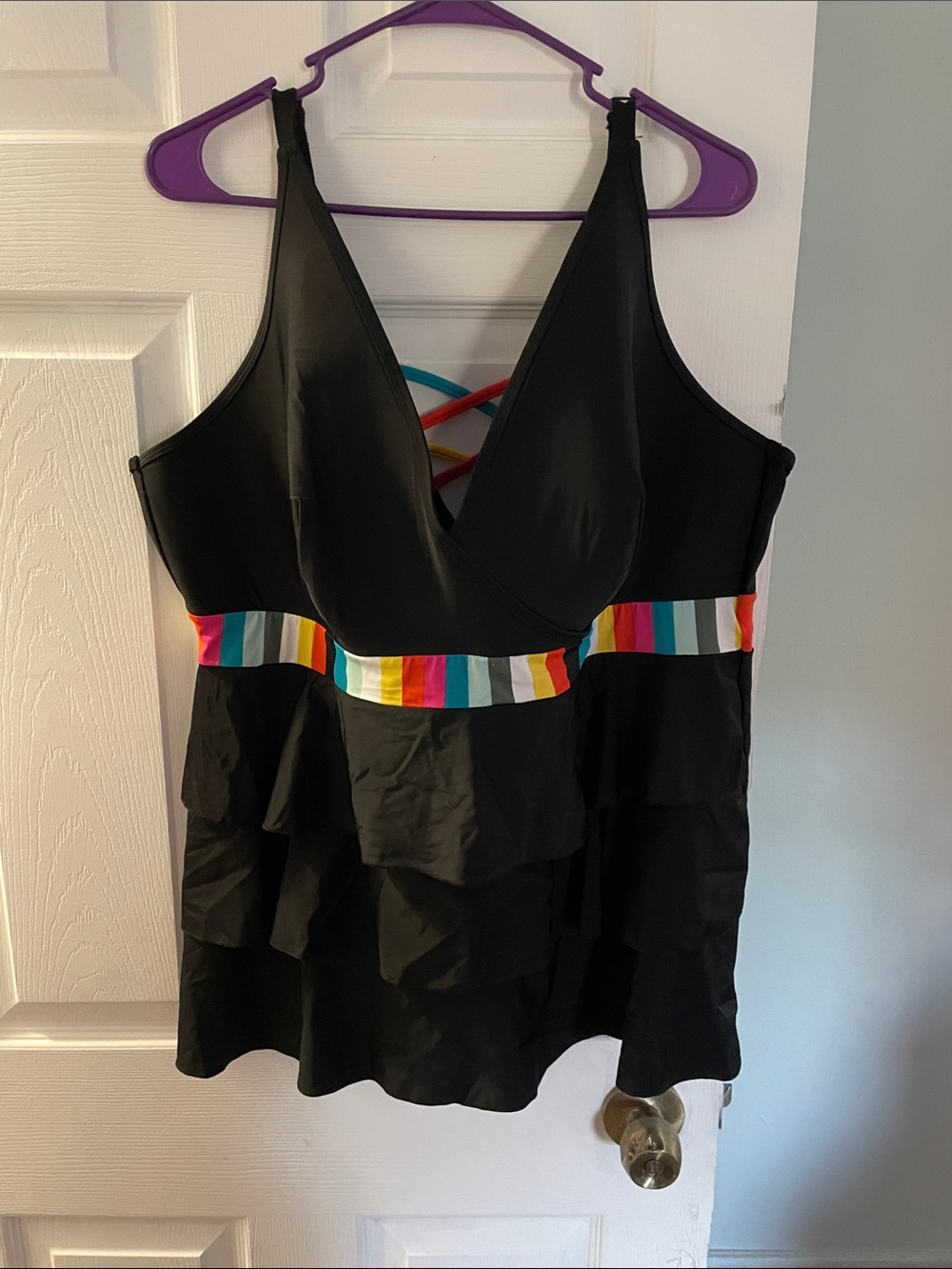Black Tankini Swim Top with Rainbow Stripe Waistband